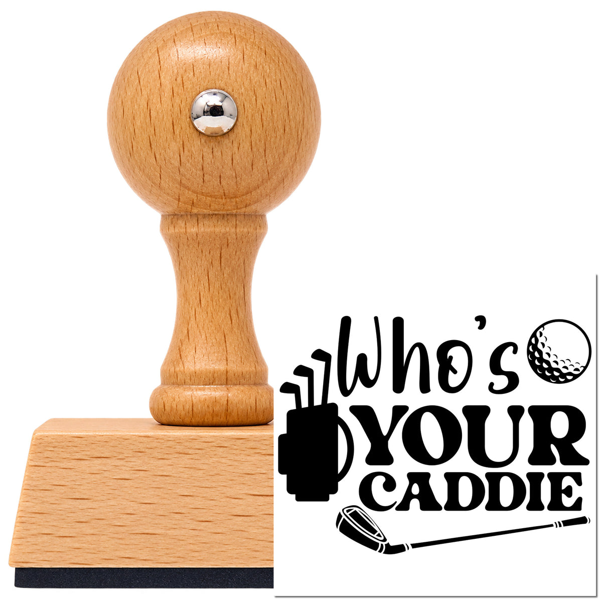 Who Is Your Caddie Vintage Pro rubber stamp in European beech wood with a round knob handle, shown beside its black imprint.