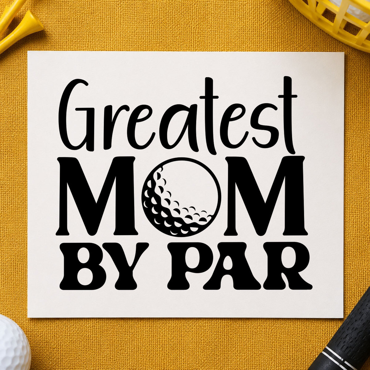 Greatest Mom By Par craft stamp imprint in black ink on a handmade project, one idea being brunch gift tags.