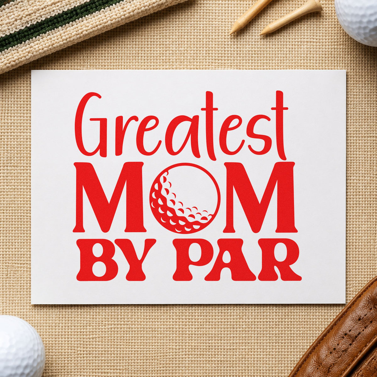 Greatest Mom By Par rubber stamp shown in red ink, stamped for projects such as bin kit labels.