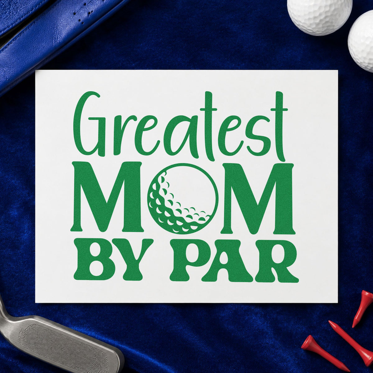 Greatest Mom By Par craft stamp imprint in green ink on a handmade project, one idea being round log cards.