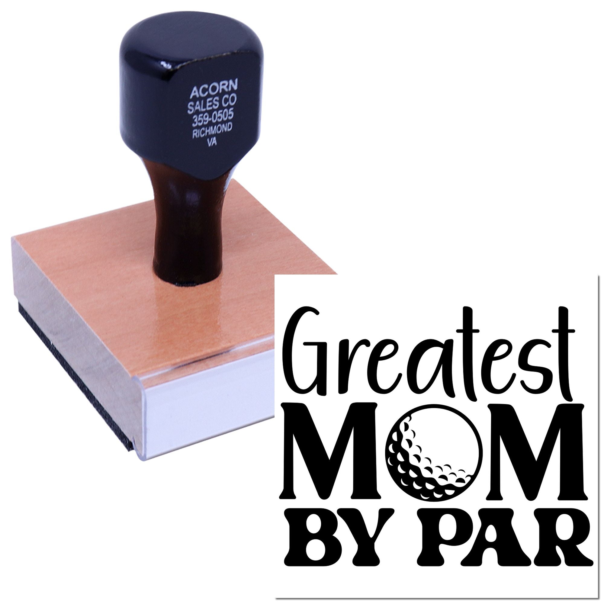 Custom rubber stamp with "Greatest Mom By Far" design, ideal for personalized Mother's Day gifts.