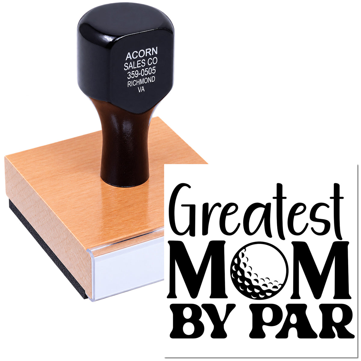 Custom rubber stamp with "Greatest Mom By Far" design, ideal for personalized Mother's Day gifts.