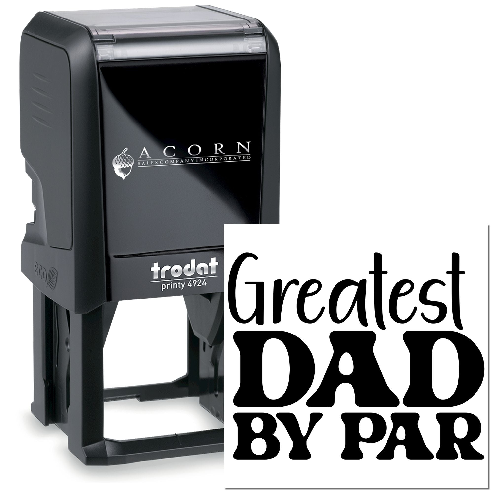 Custom self-inking rubber stamp with Greatest Dad by Far imprint for personalized gifts and office use.