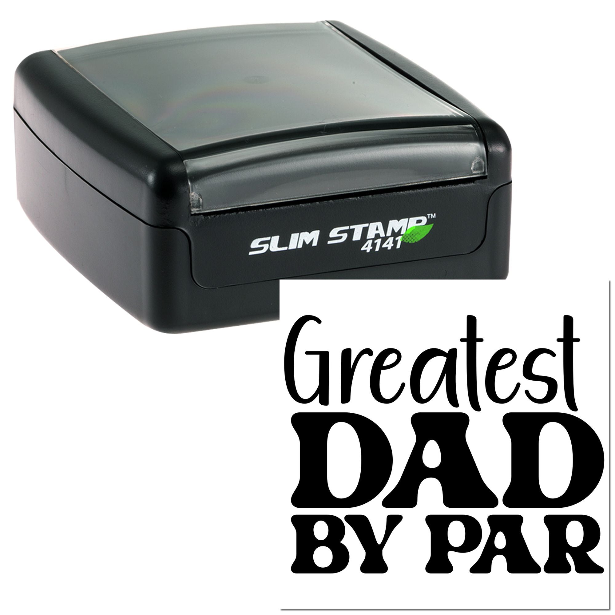 Self-inking rubber stamp with Greatest Dad by Far design for custom Fathers Day stamping and gifts.