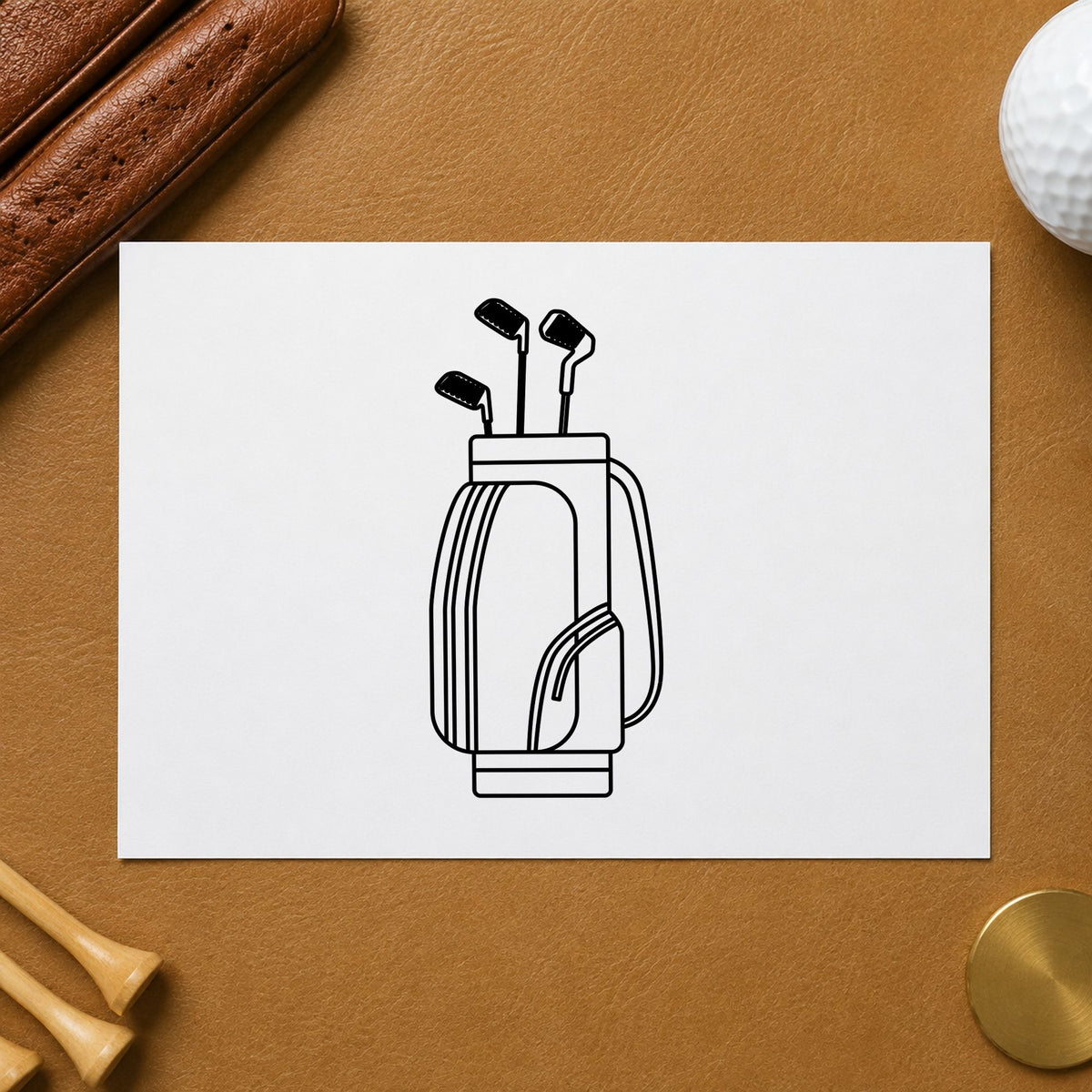 Golf Bag With Clubs craft stamp imprint in black ink on a handmade project, one idea being fitted set gift tags.