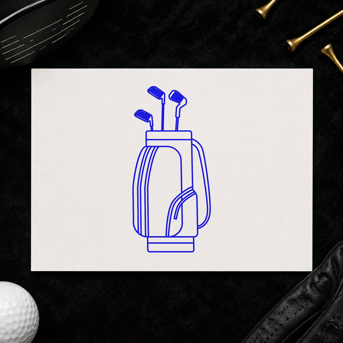 Golf Bag With Clubs craft stamp in blue ink on cardstock, an easy option for bench cloth printing.