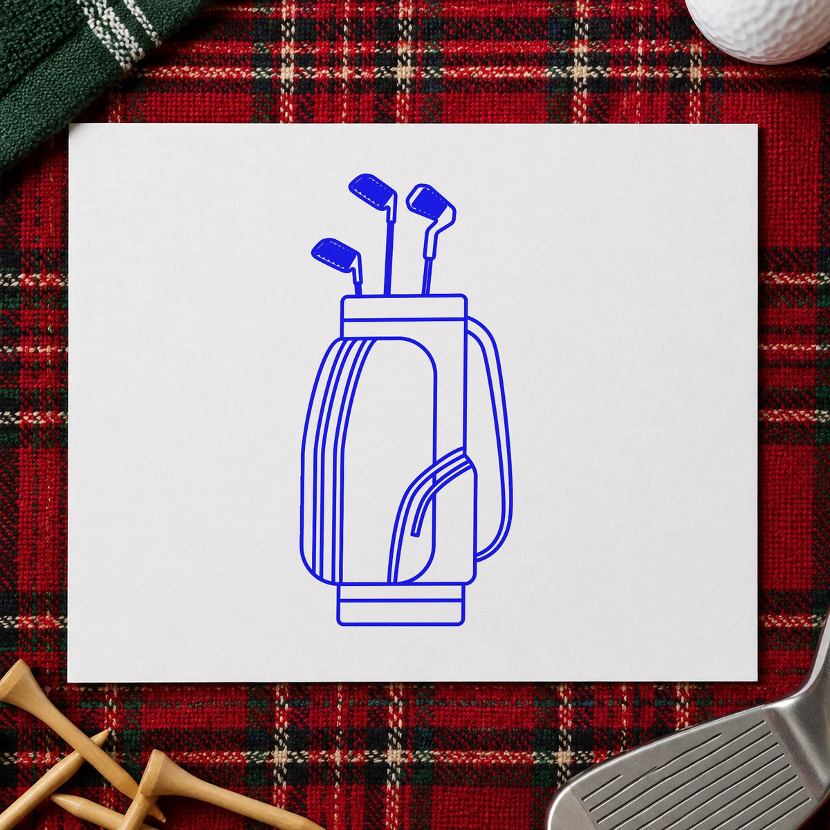 Golf Bag With Clubs craft stamp imprinted in blue ink on paper, a design suited to framed fitting bay.