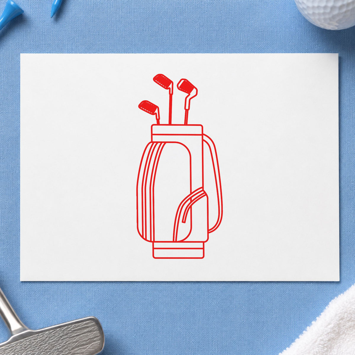 Golf Bag With Clubs rubber stamp shown in red ink, stamped for projects such as drawer shaft labels.