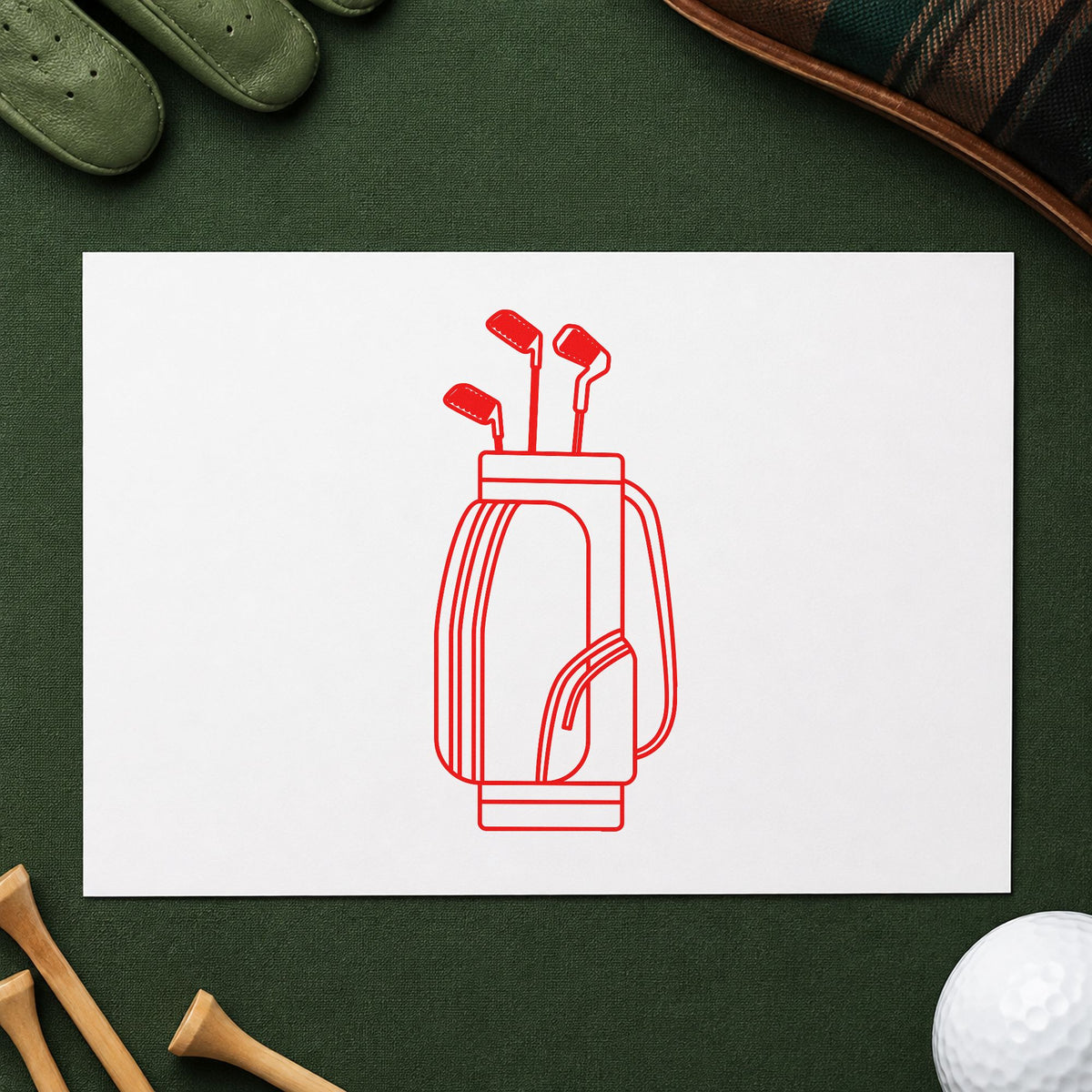 Golf Bag With Clubs craft stamp imprint in red ink on a handmade project, one idea being spec note cards.