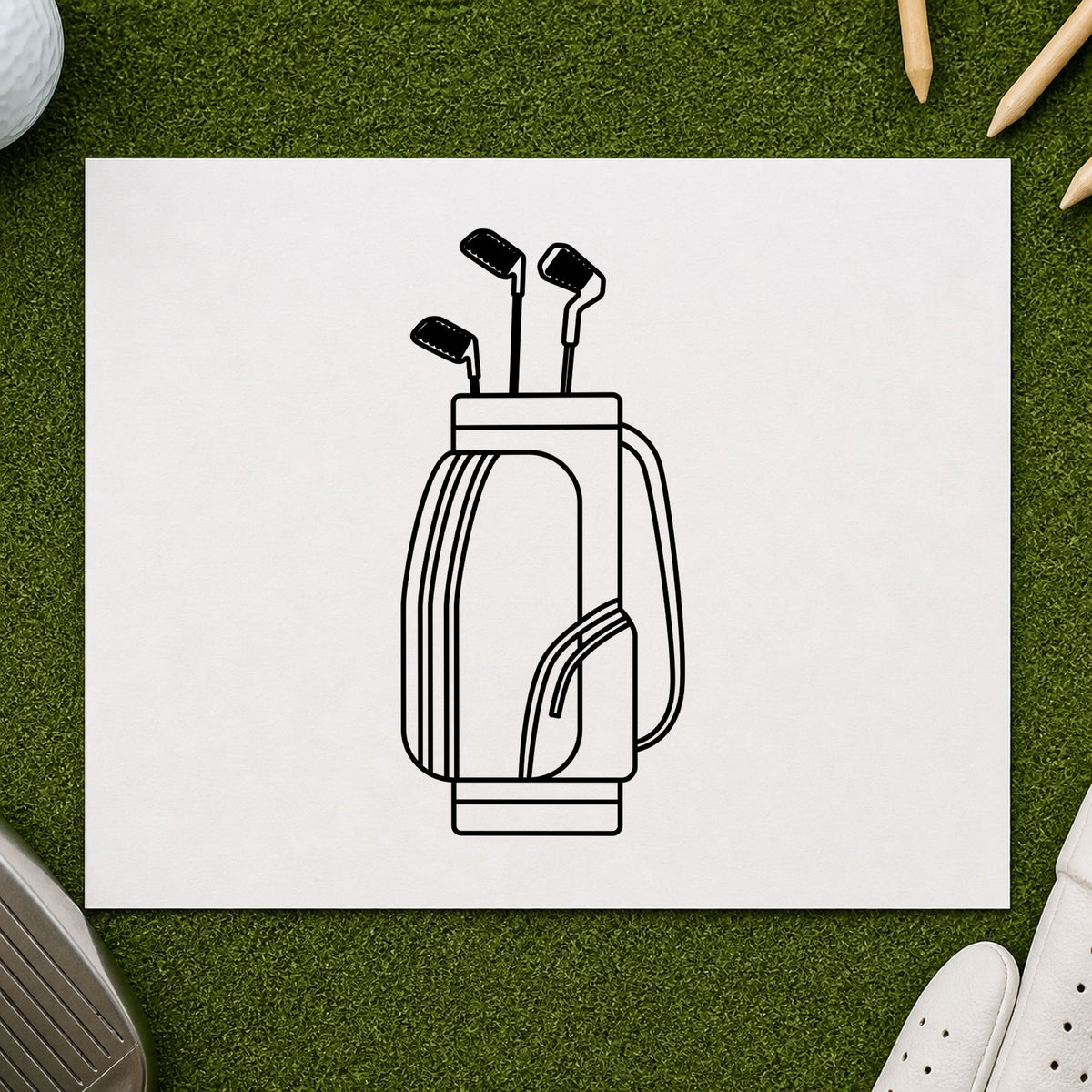 Golf Bag With Clubs rubber stamp printed in black ink, ready for upright bag cards and similar paper crafts.