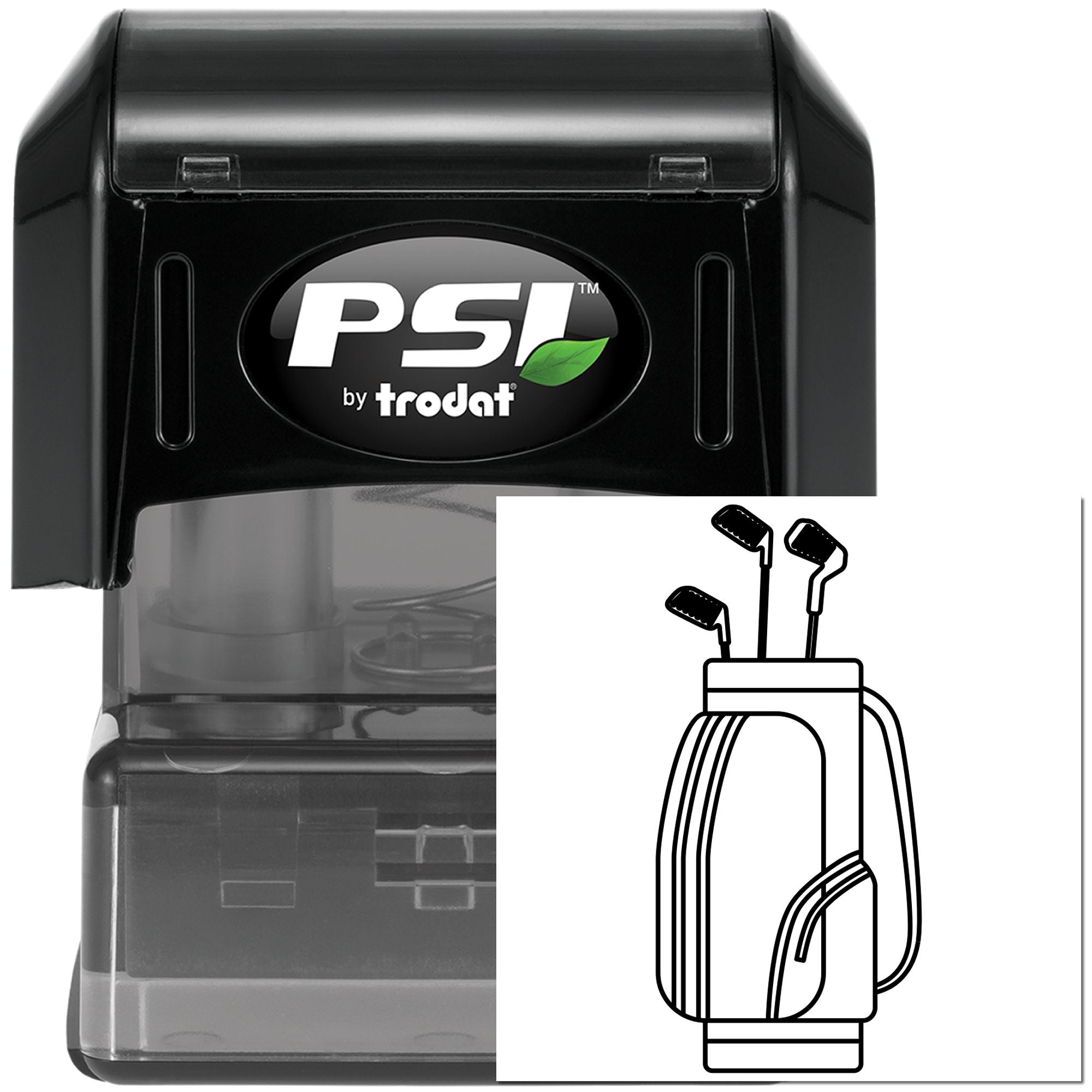 PSI by Trodat self-inking rubber stamp with golf bag and clubs icon, ideal for custom golf club branding.