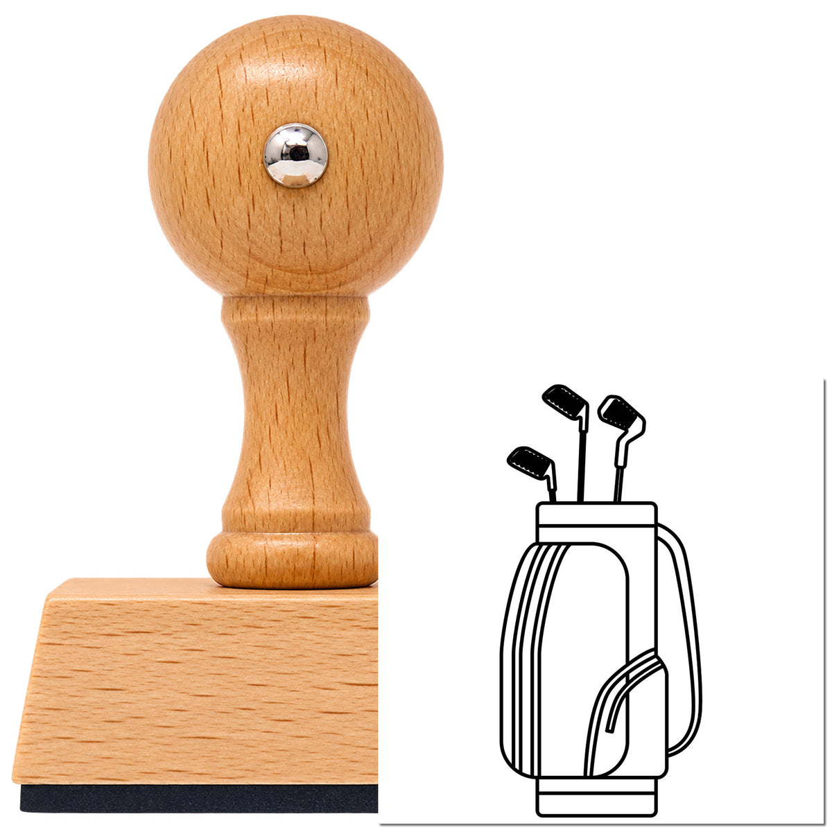 Golf Bag With Clubs Outline Detail Vintage Pro rubber stamp in European beech wood with a round knob handle, shown beside its black imprint.
