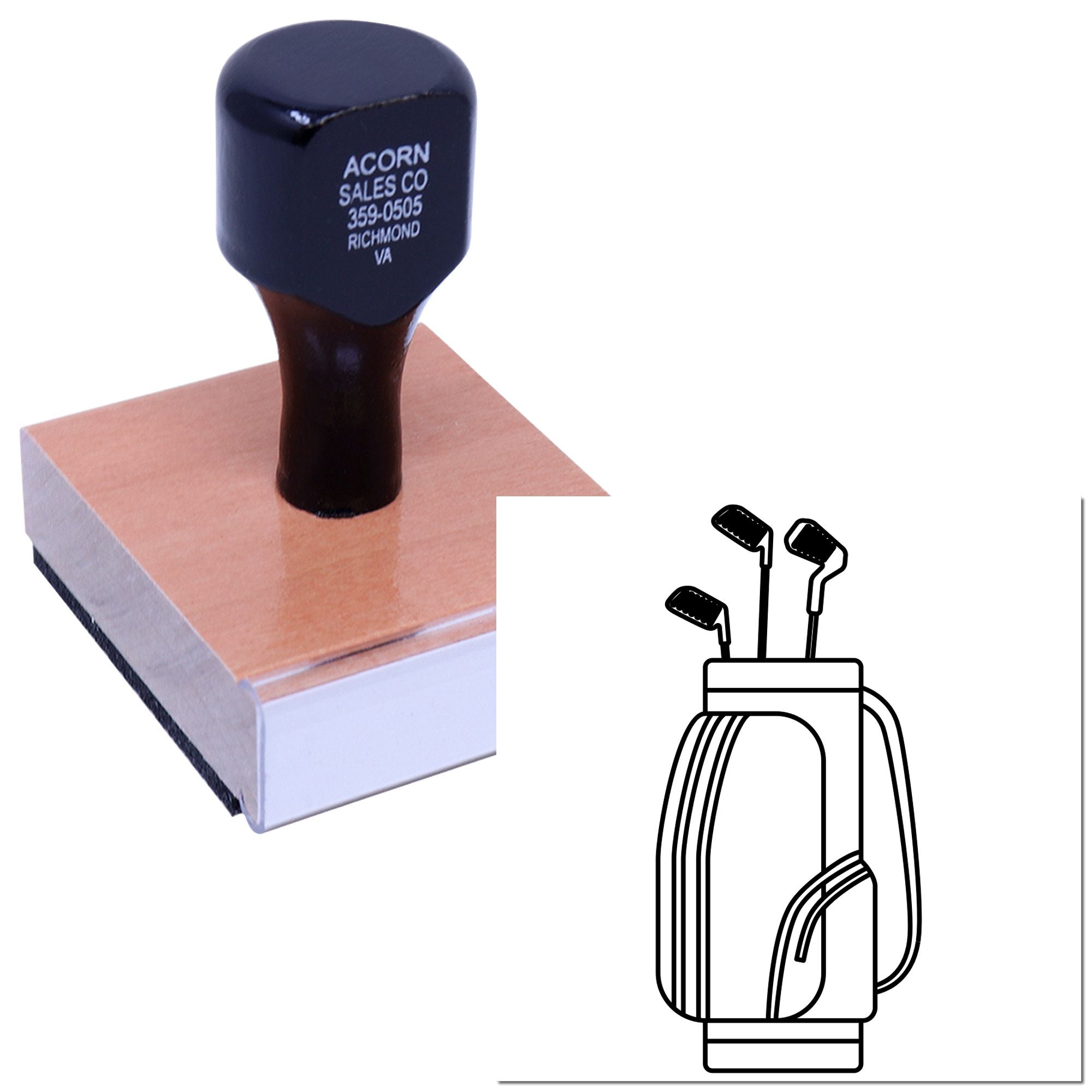 Custom rubber stamp with business logo and contact details, shown on a wooden stamp base with handle style options.