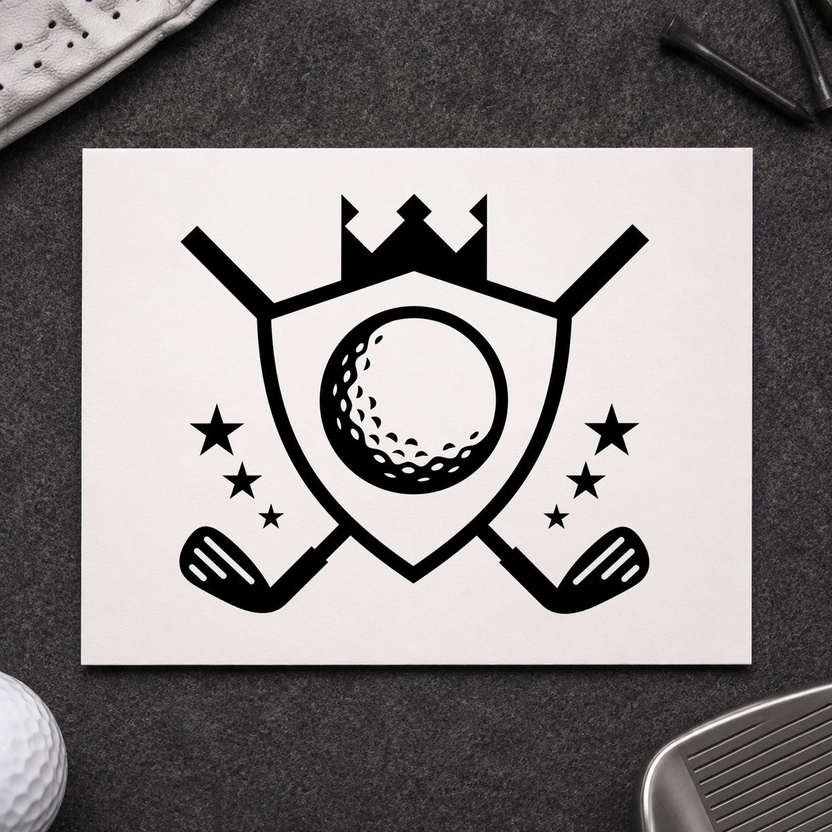 Crowned Golf Shield Emblem craft stamp in black ink on cardstock, an easy option for championship album page.