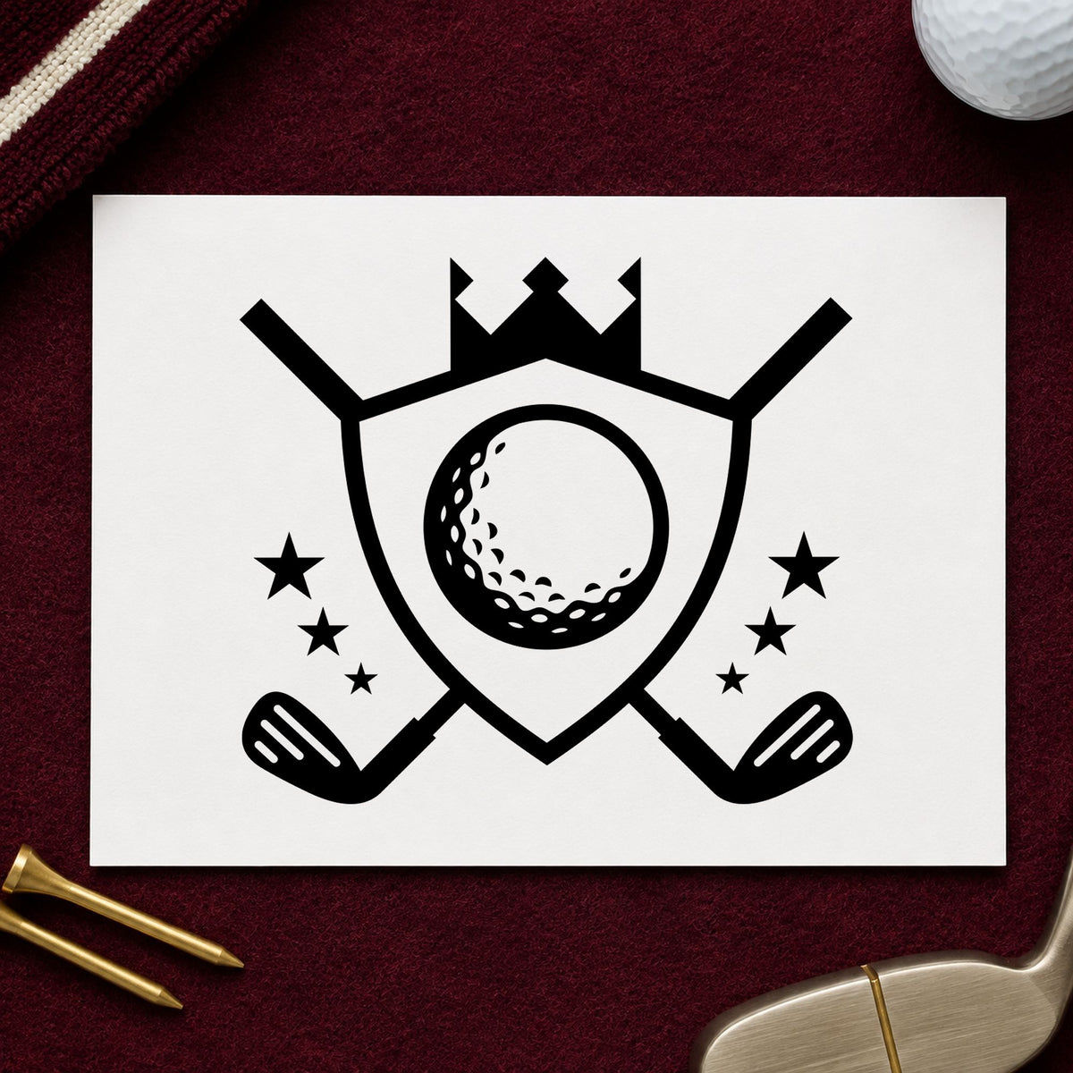 Crowned Golf Shield Emblem rubber stamp printed in black ink, ready for final score sheet and similar paper crafts.