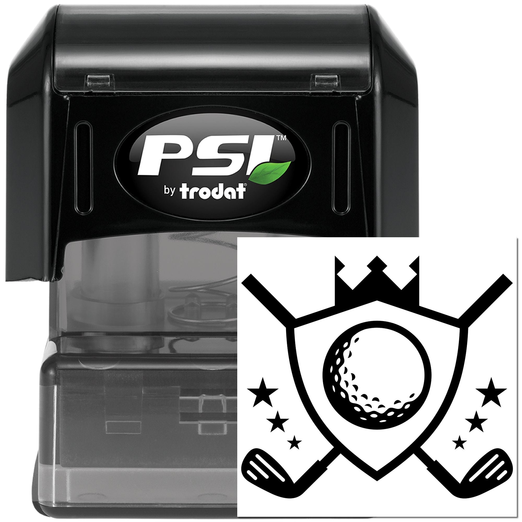 PSI by Trodat self-inking rubber stamp with golf ball and crossed clubs design for custom sports club marking