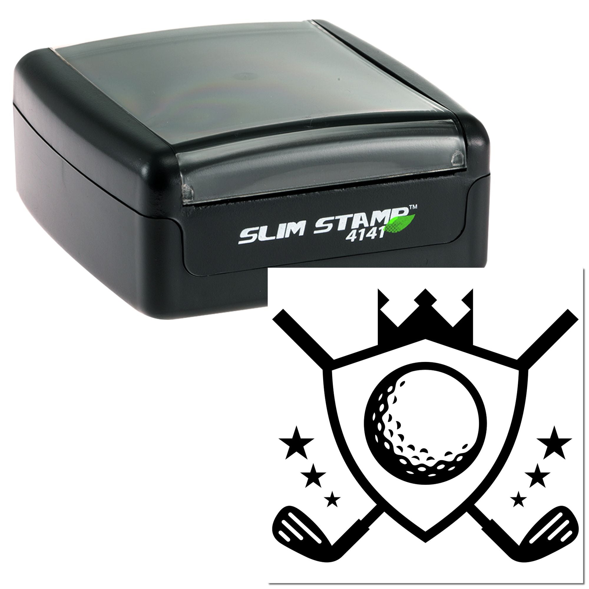 Slim Stamp 4141 self-inking rubber stamp with custom golf ball and crossed clubs logo for business branding.