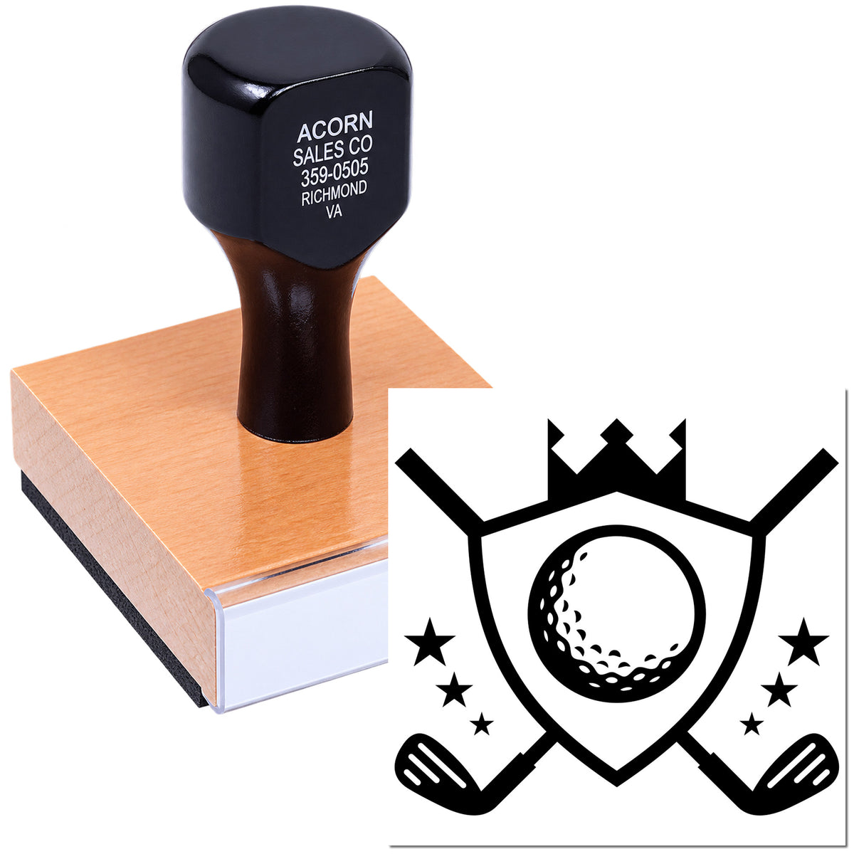 Custom rubber stamp and golf club crest logo for personalized business branding and stationery.