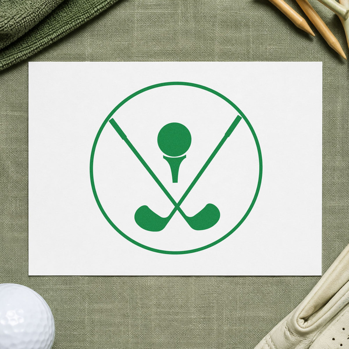 Crossed Golf Clubs Circle craft stamp in green ink on cardstock, an easy option for league night album page.