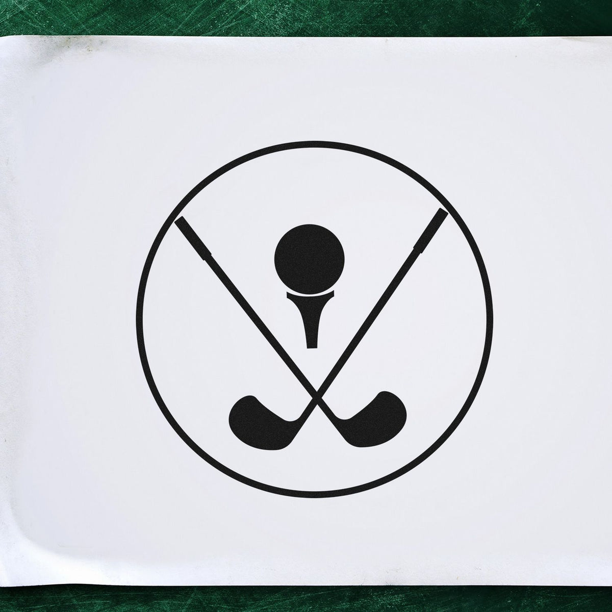 Crossed Golf Clubs Circle Stamp - Premium Vintage Pro Wooden imprint stamped in black ink. Two crossed golf clubs and a ball on a tee sit inside a circular border.