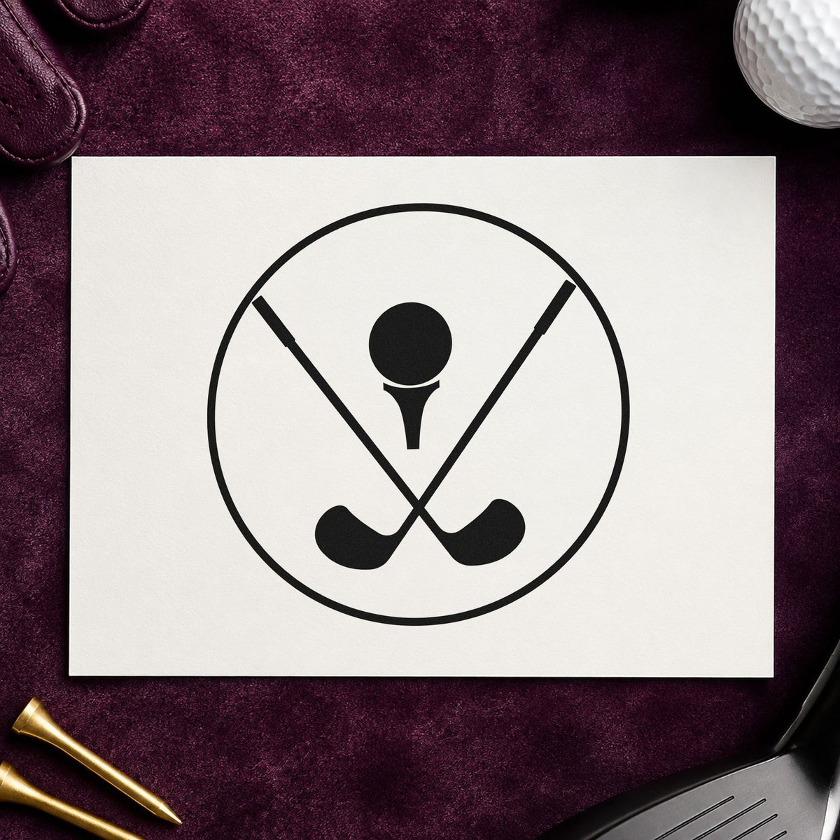Crossed Golf Clubs Circle craft stamp imprint in black ink on a handmade project, one idea being prize fund gift tags.
