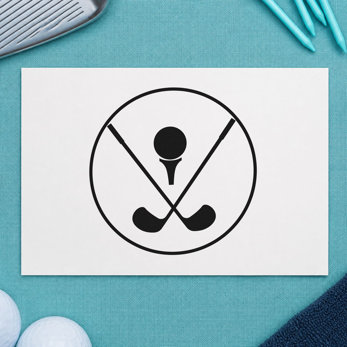 Crossed Golf Clubs Circle rubber stamp printed in black ink, ready for weekly result sheet and similar paper crafts.