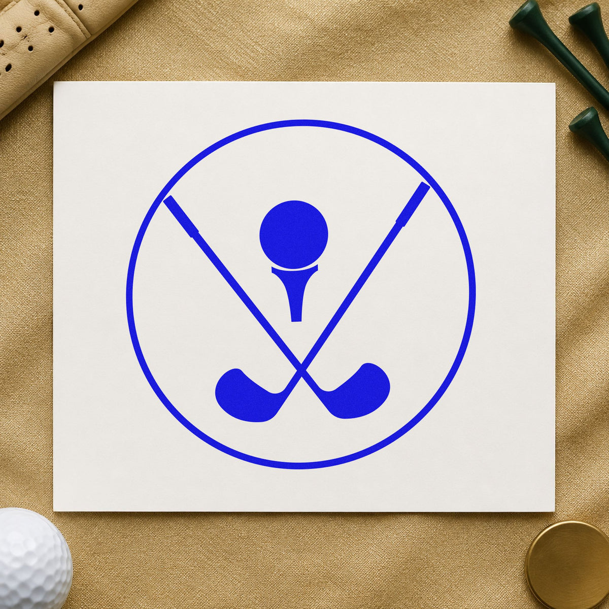 Crossed Golf Clubs Circle craft stamp in blue ink on cardstock, an easy option for bag tag printing.