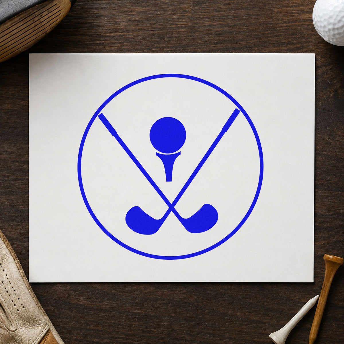 Crossed Golf Clubs Circle craft stamp imprinted in blue ink on paper, a design suited to framed club bar.