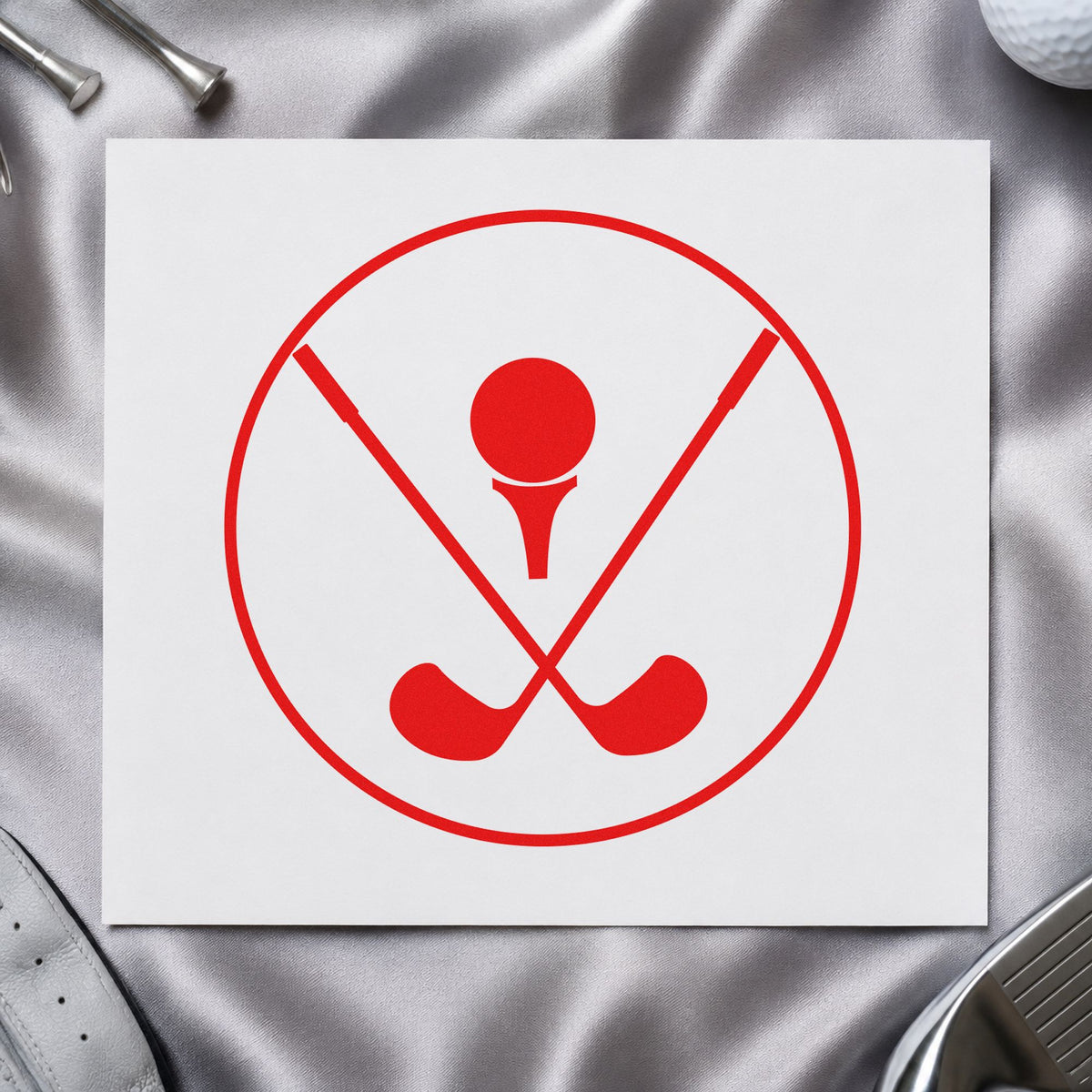 Crossed Golf Clubs Circle rubber stamp shown in red ink, stamped for projects such as bin marker labels.
