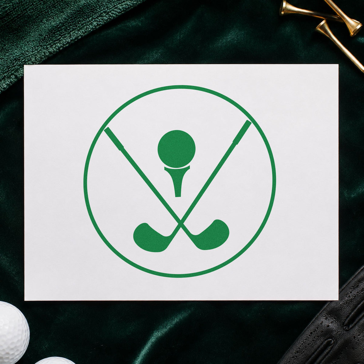 Crossed Golf Clubs Circle craft stamp imprint in green ink on a handmade project, one idea being pairing slip cards.