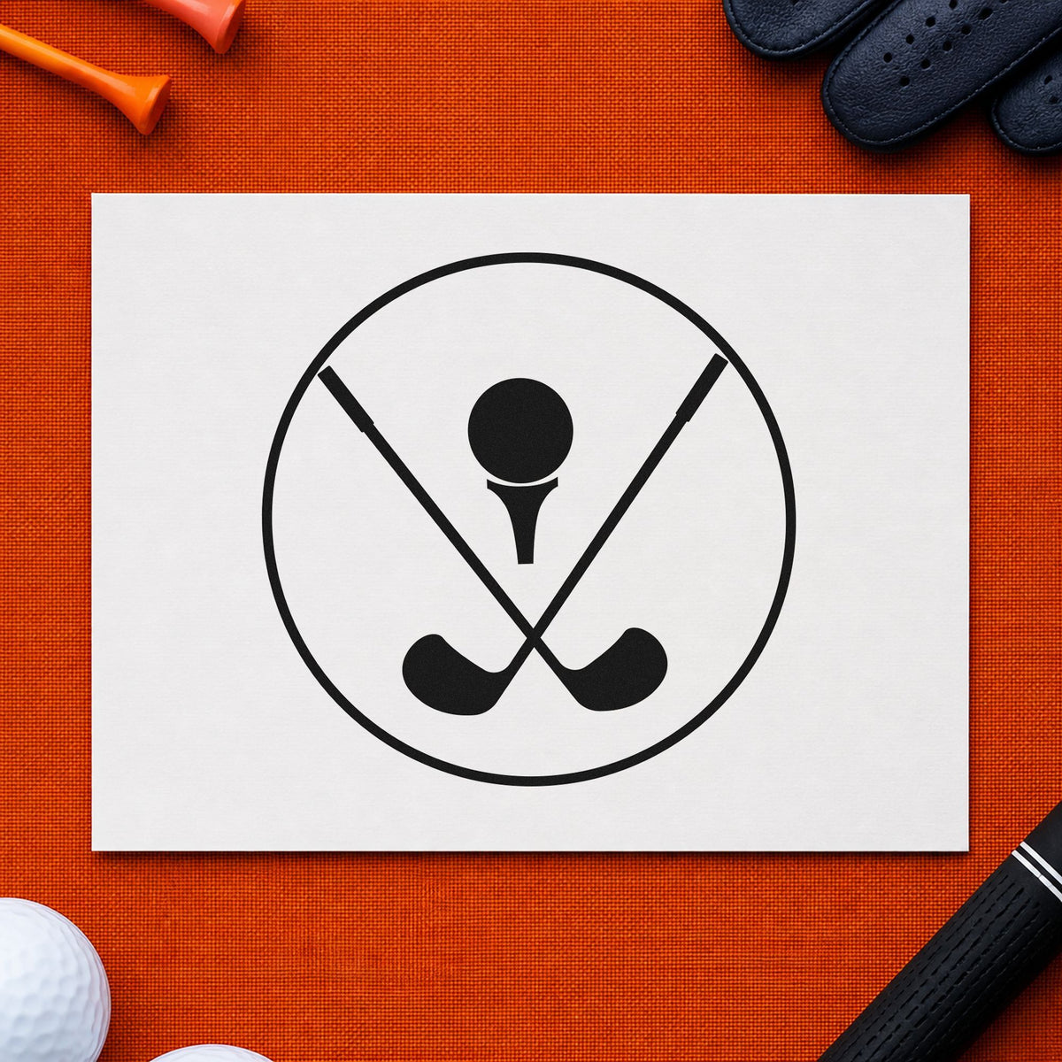 Crossed Golf Clubs Circle rubber stamp printed in black ink, ready for circular border cards and similar paper crafts.
