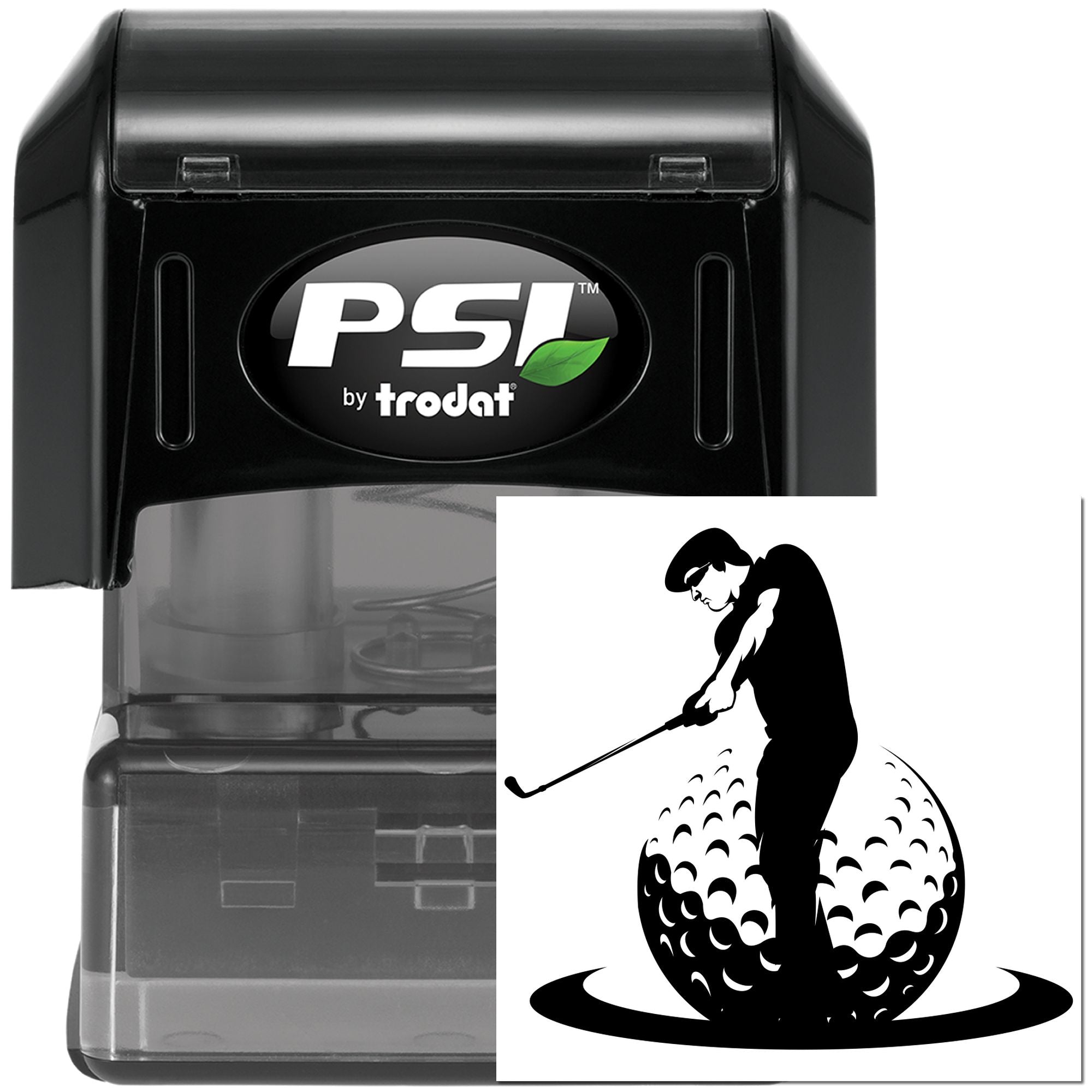 PSI by Trodat self-inking golf rubber stamp with golfer design, ideal for personalized sports and club branding.