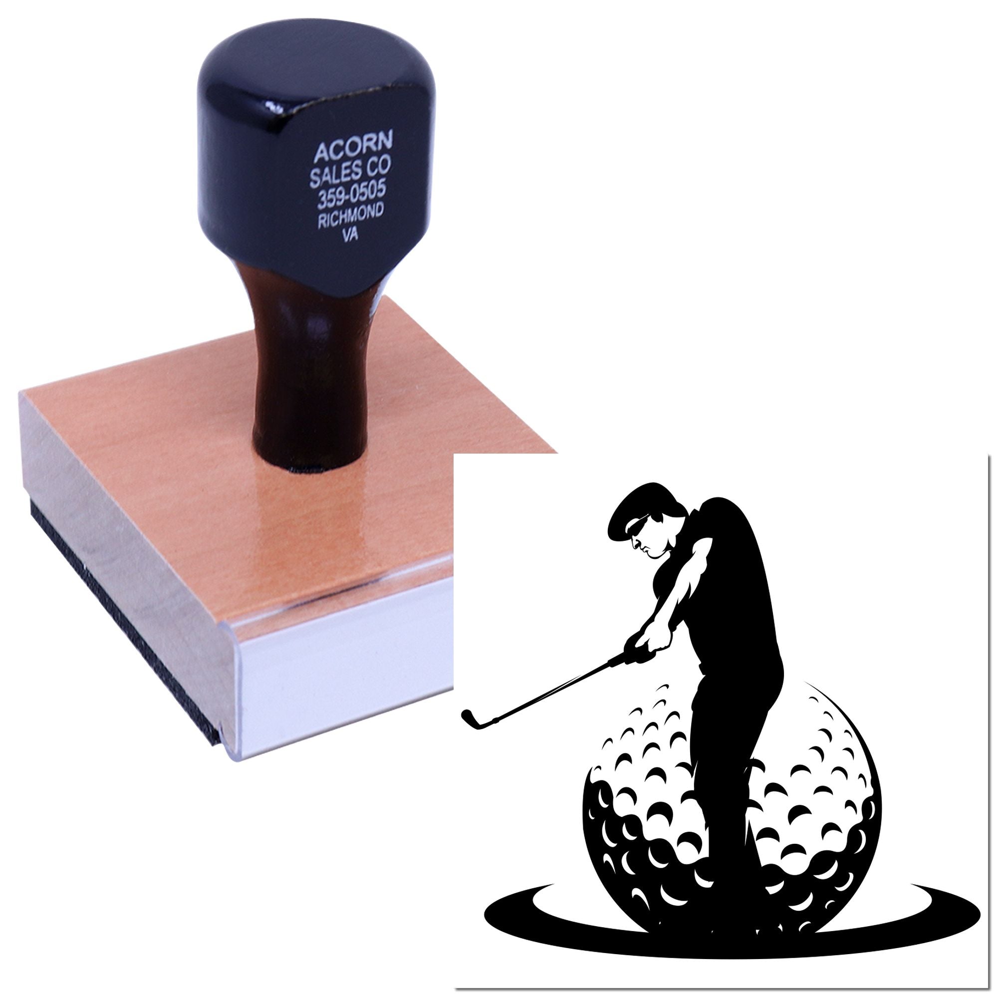 Custom golf rubber stamp with golfer logo, ideal for business branding, stationery, and personalized imprinting.
