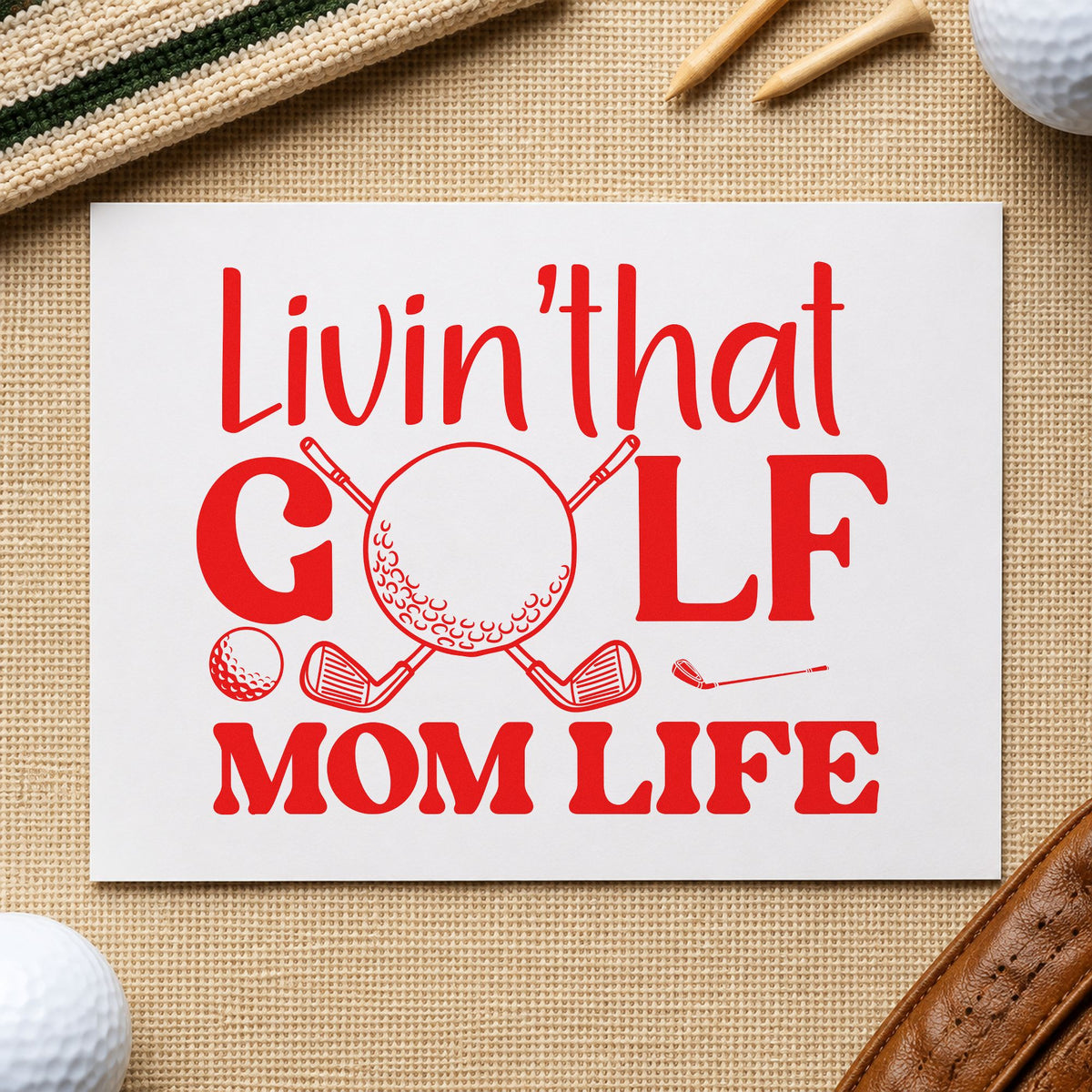 Living Golf Mom Life rubber stamp shown in red ink, stamped for projects such as bin travel labels.