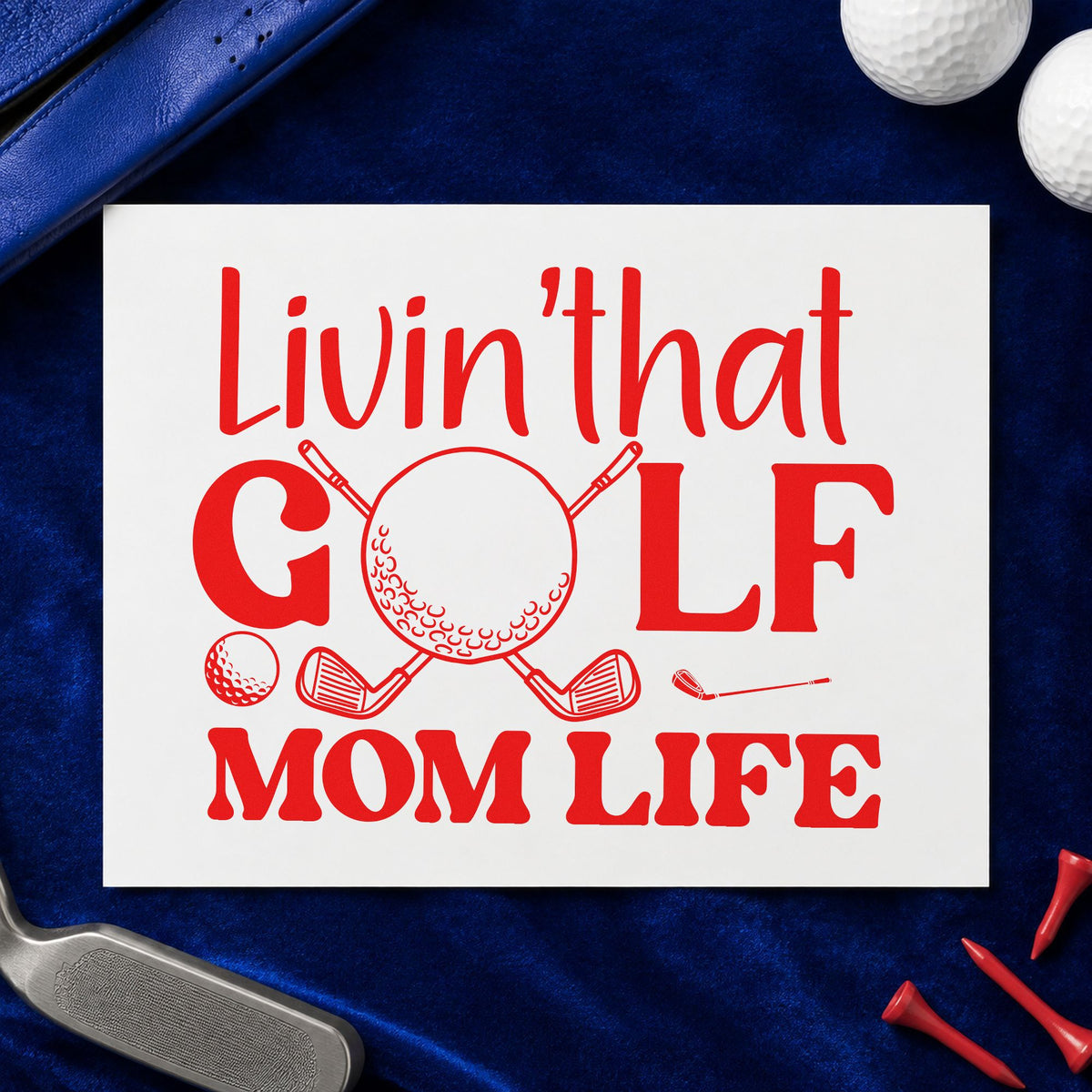 Living Golf Mom Life craft stamp imprint in red ink on a handmade project, one idea being event info cards.