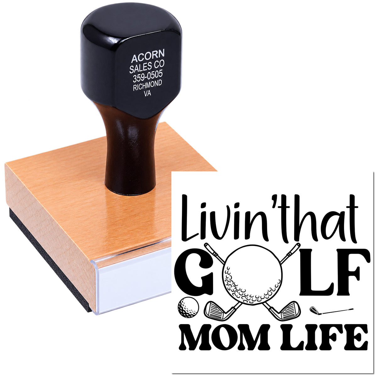 Custom self-inking rubber stamp with personalized return address and golf mom design for stationery, crafts, and branding.