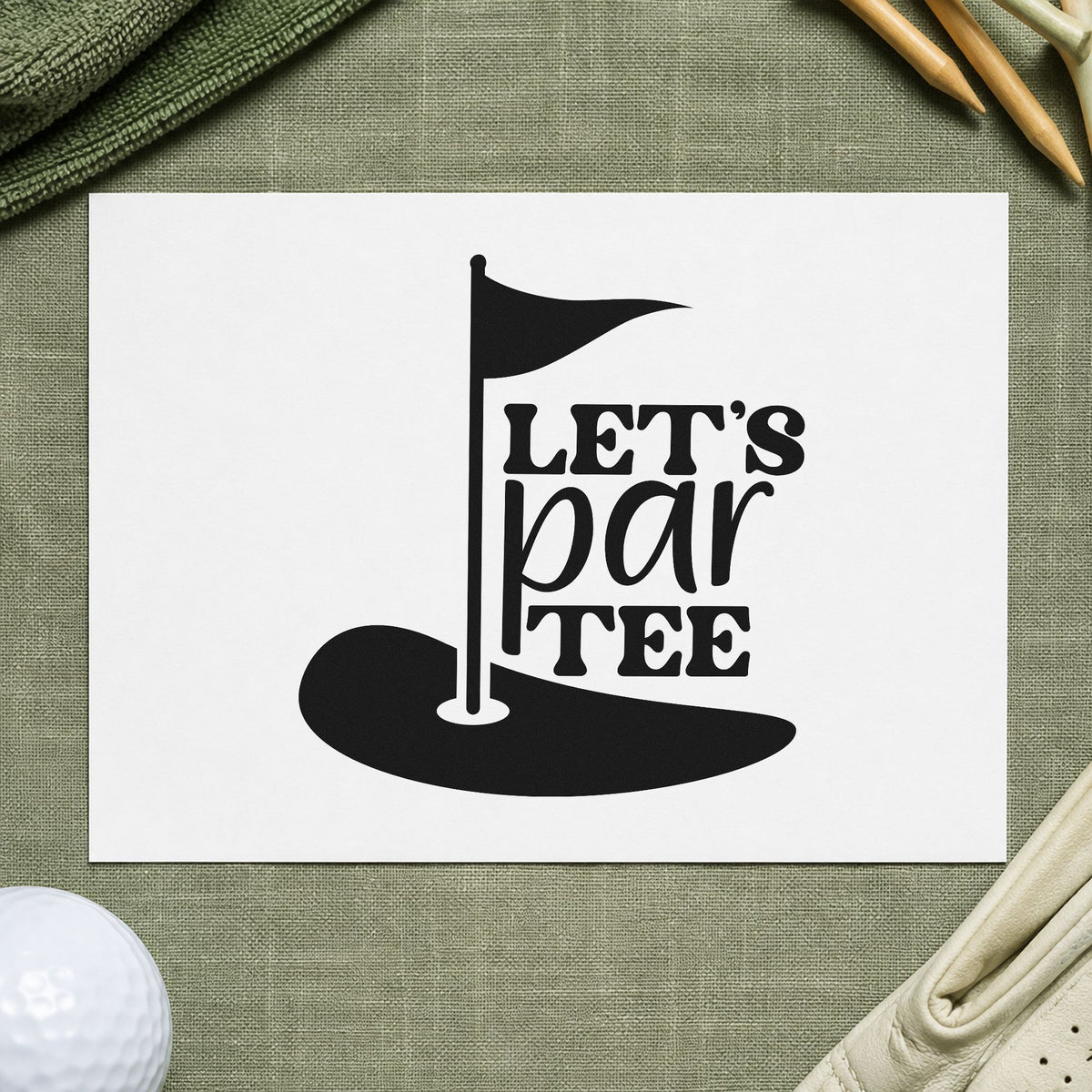 Let's Par Tee craft stamp in black ink on cardstock, an easy option for party album page.