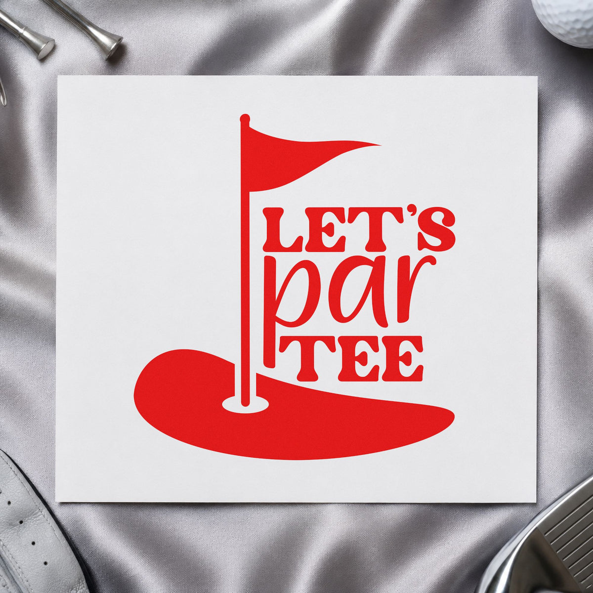 Let's Par Tee rubber stamp shown in red ink, stamped for projects such as bin hole labels.
