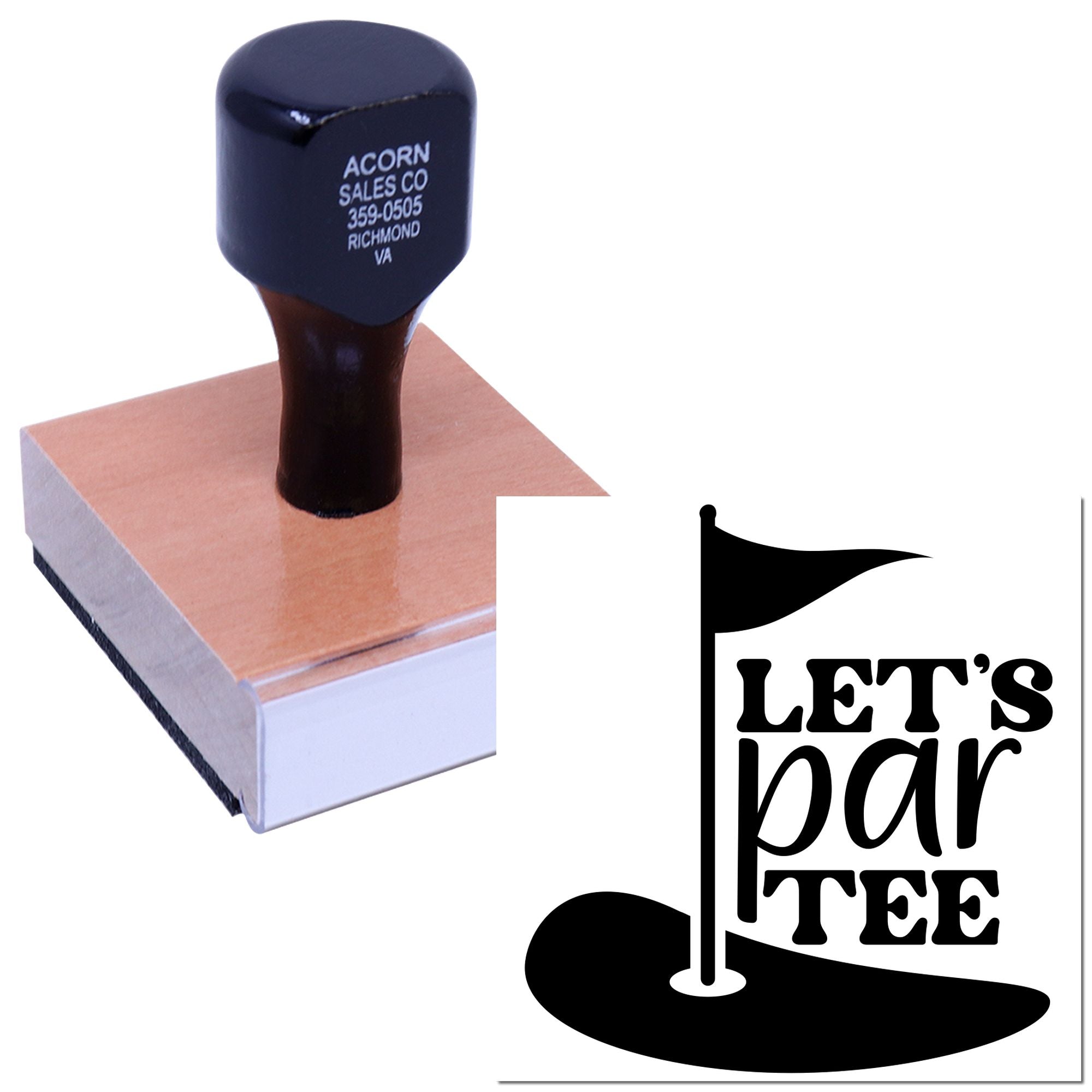 Custom rubber stamp with golf-themed Lets parTEE design for party invitations and event branding.