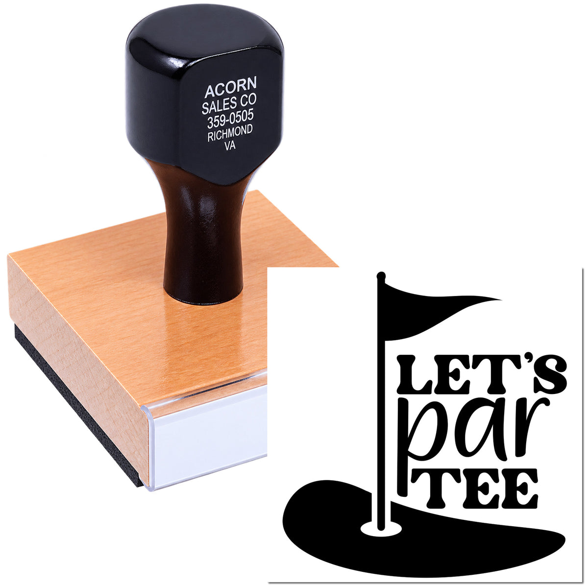 Custom rubber stamp with golf-themed Lets parTEE design for party invitations and event branding.