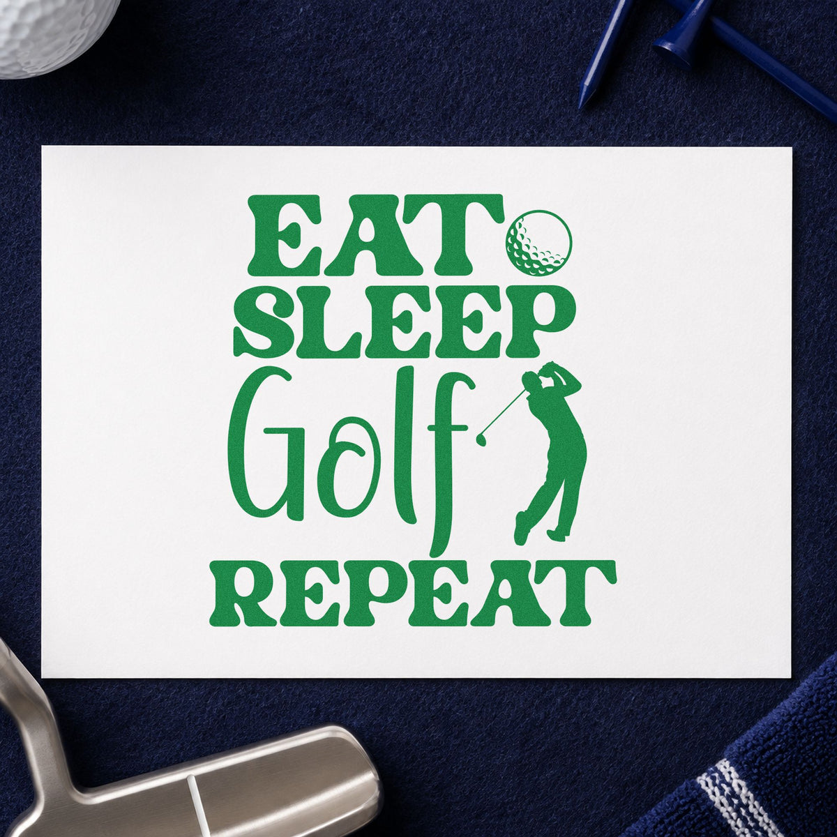 Eat Sleep Golf Repeat craft stamp in green ink on cardstock, an easy option for summer week album page.