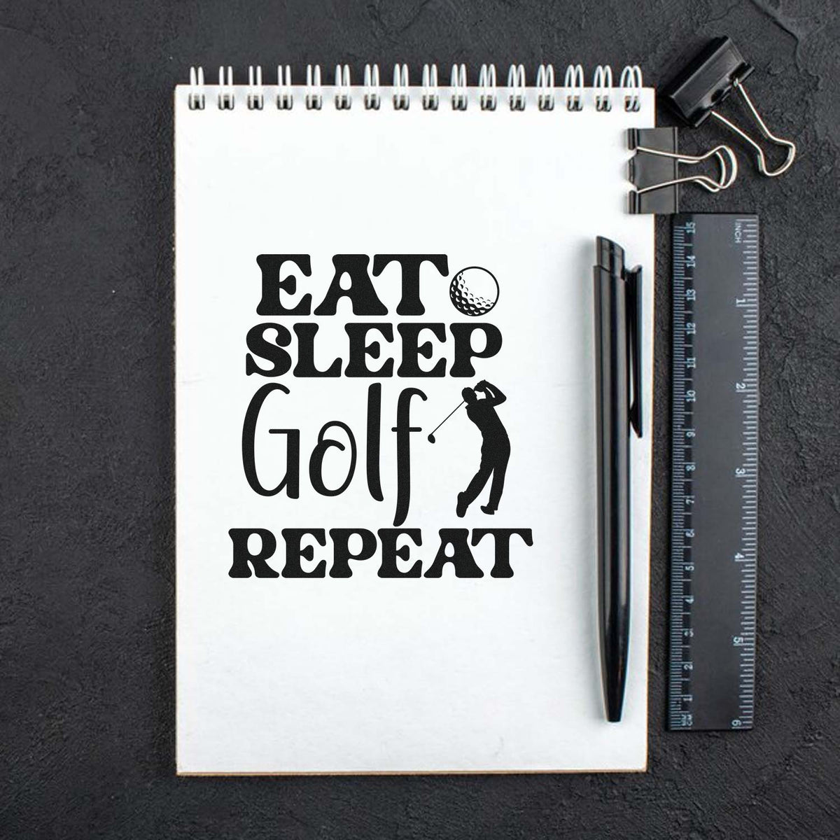 Eat Sleep Golf Repeat Golfer Stamp - Premium Vintage Pro Wooden imprint stamped in black ink. EAT SLEEP Golf REPEAT appears with a small golf ball and swinging golfer silhouette.
