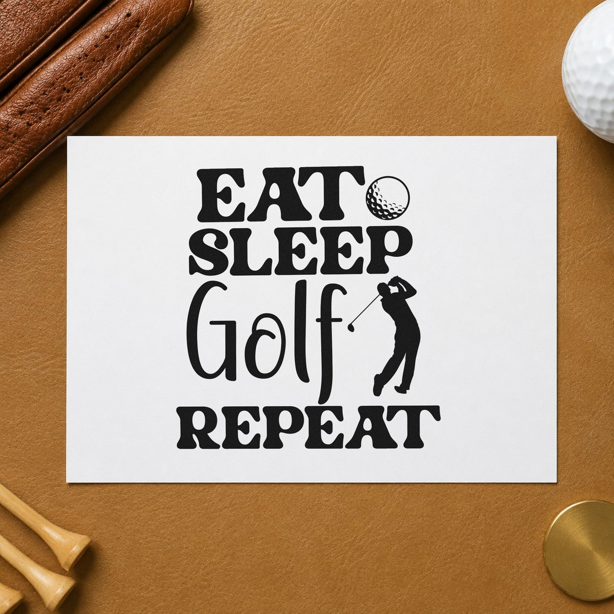 Eat Sleep Golf Repeat craft stamp imprint in black ink on a handmade project, one idea being camper kit gift tags.