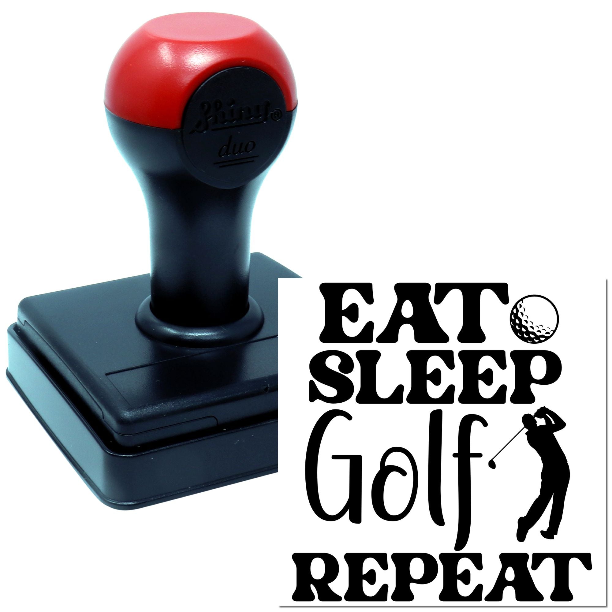 Custom self-inking rubber stamp with Eat Sleep Golf Repeat golf design