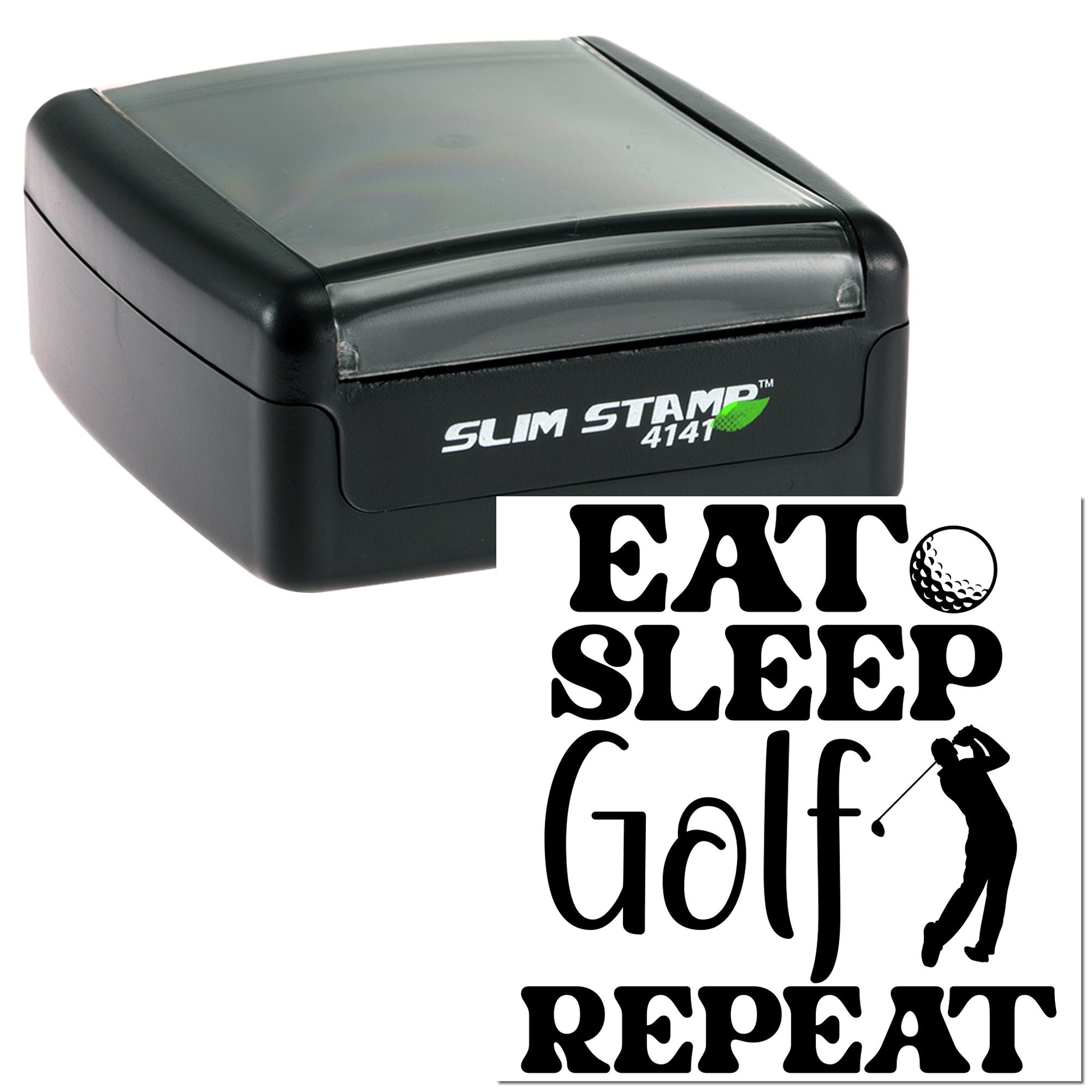 Self-inking Slim Stamp 4141 custom golf rubber stamp with Eat Sleep Golf Repeat design for personalized gifts.