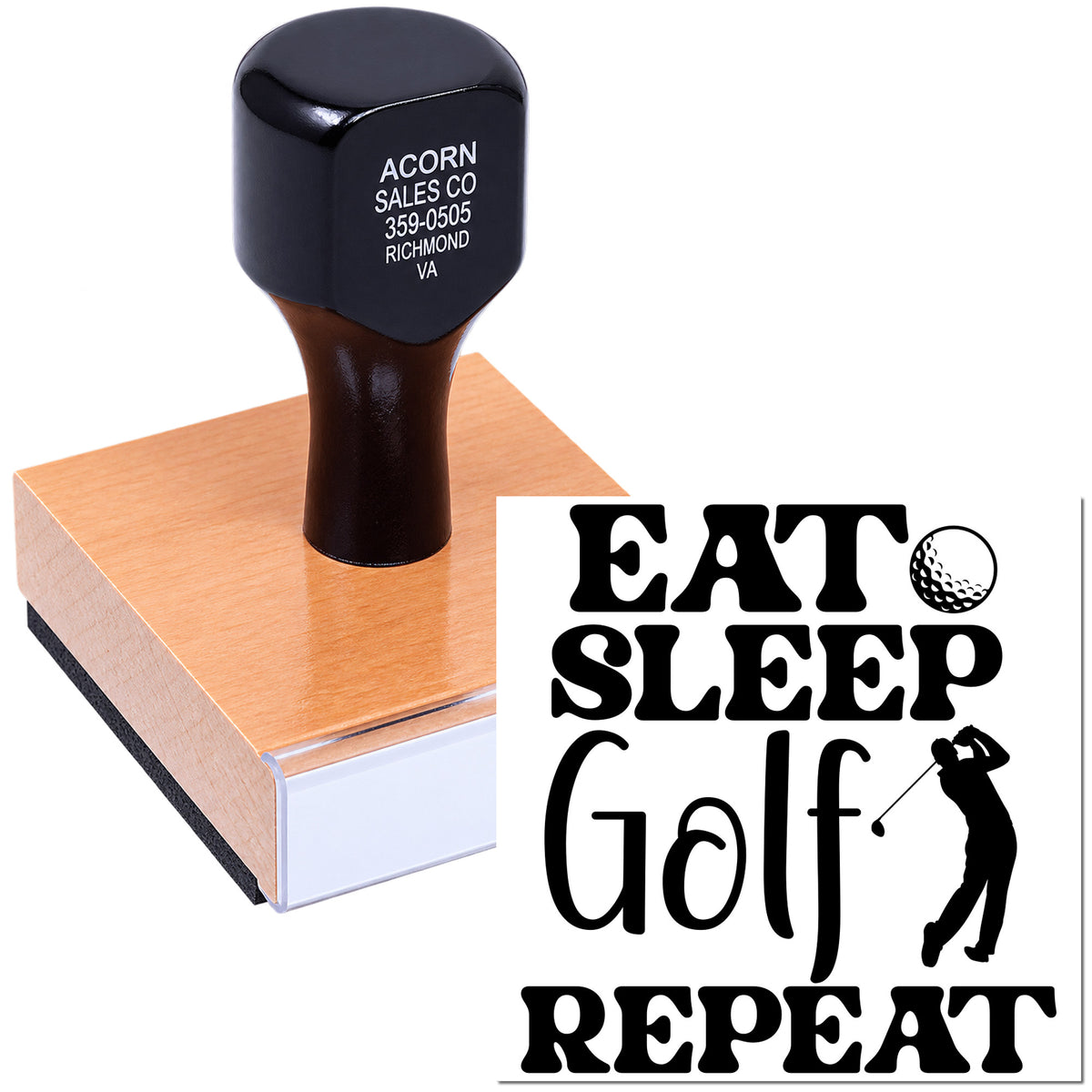 Custom golf rubber stamp with Eat Sleep Golf Repeat design and golfer silhouette for personalized stamping.