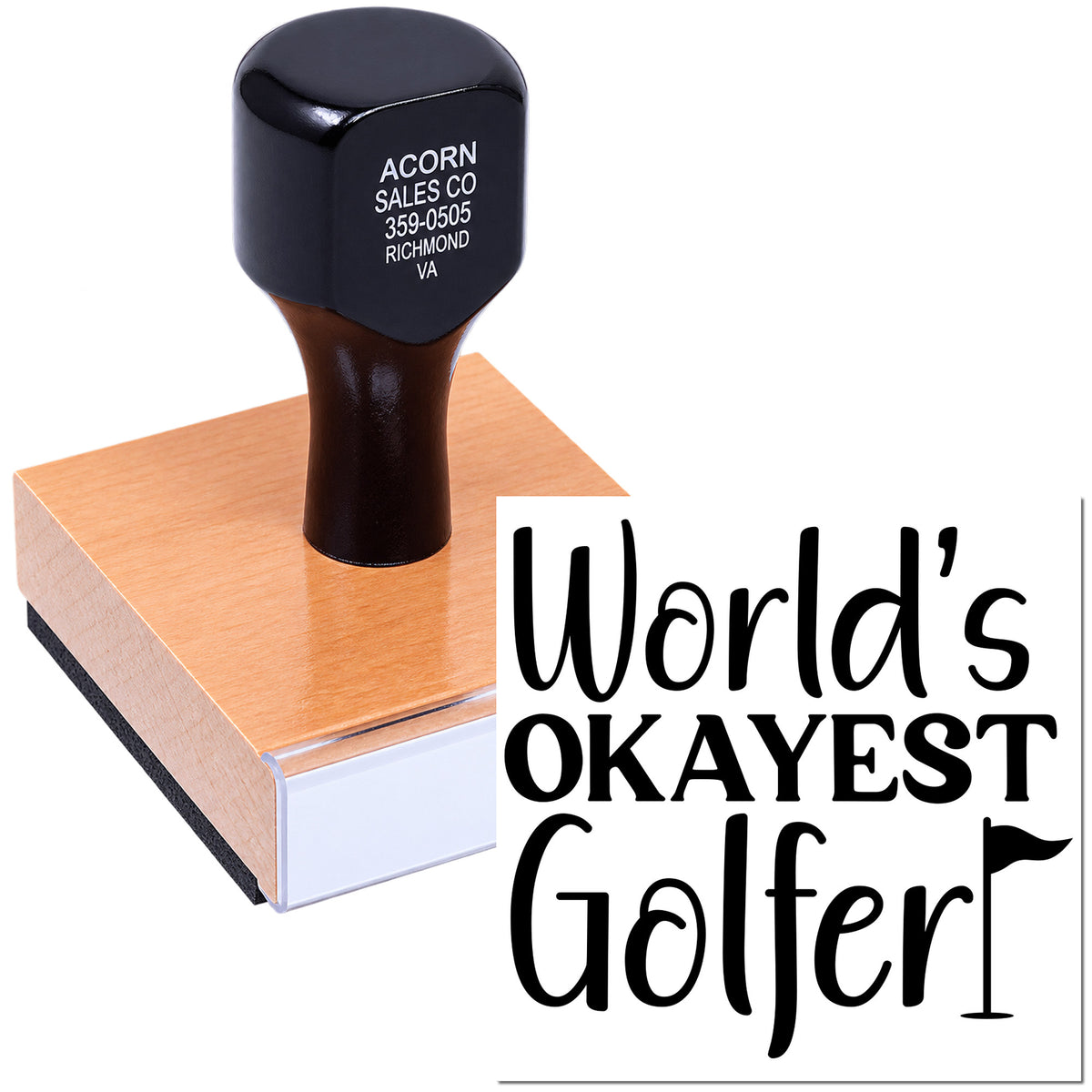 Custom rubber stamp with Worlds Okayest Golfer design for personalized golf gifts, clubs, and stationery.