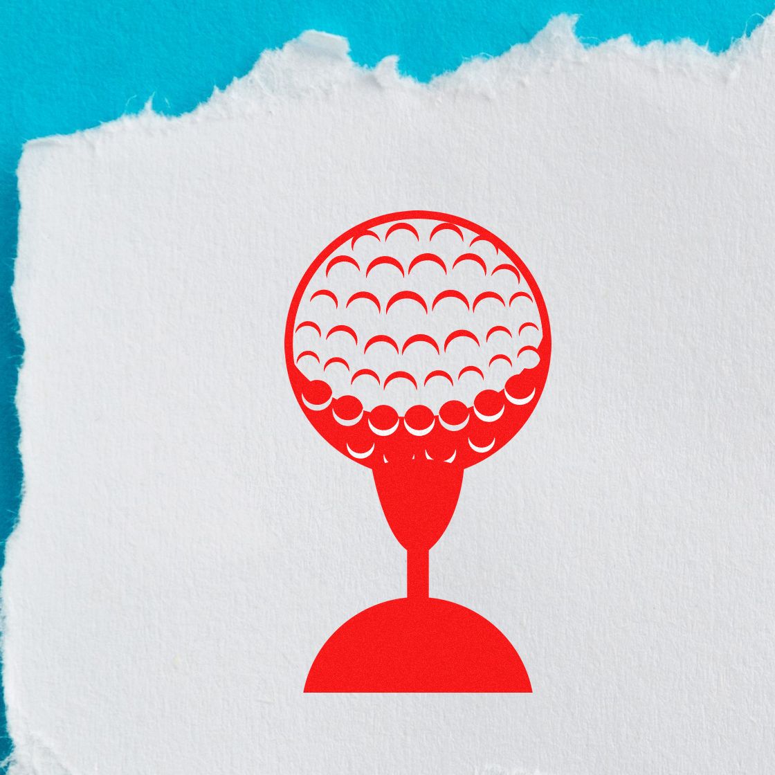 Red golf ball on tee rubber stamp icon for golf club branding and sports stationery.