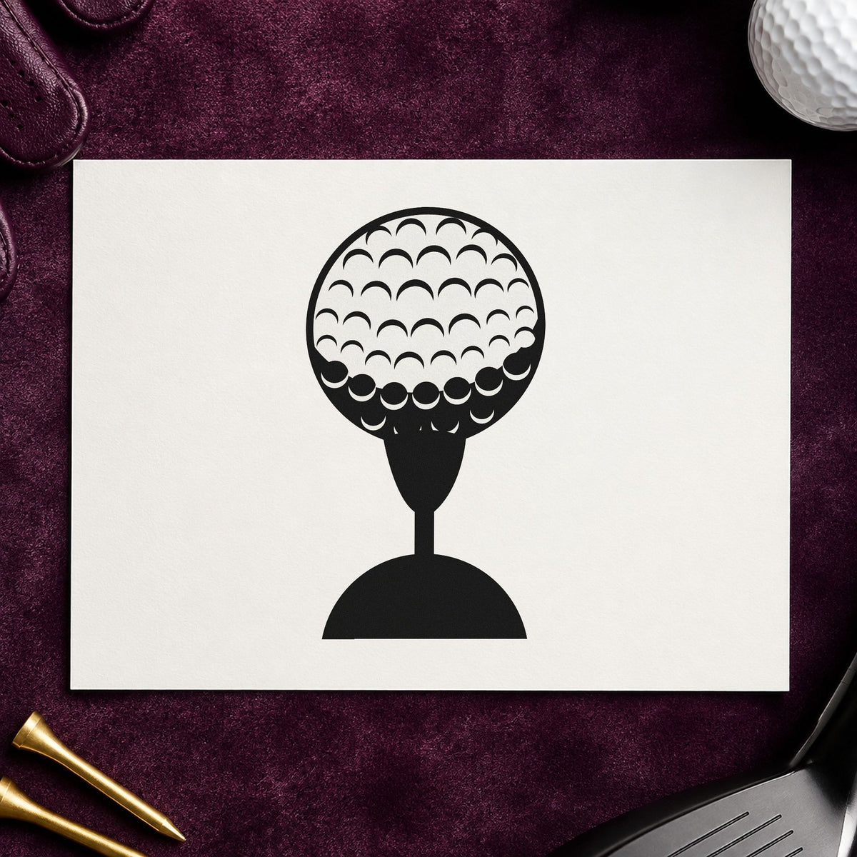 Golf Ball Tee Shadow craft stamp imprint in black ink on a handmade project, one idea being graded box gift tags.