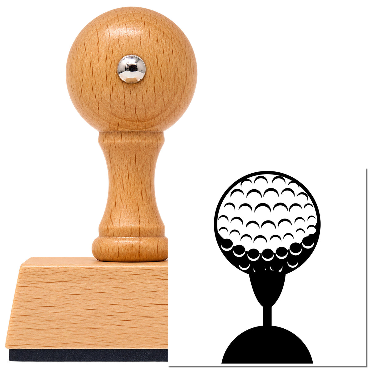 Dimpled Golf Ball Tee Silhouette Vintage Pro rubber stamp in European beech wood with a round knob handle, shown beside its black imprint.